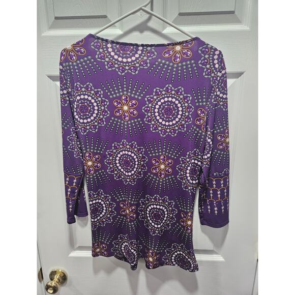 New York & Co Purple Ruched Cowl Neck Top L Y2K Paisley Stretch Blouse - Picture 5 of 7